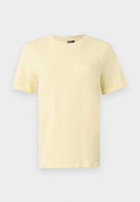 T-shirt jaune à manches courtes en coton doux avec un col rond, présentant une texture lisse et sans motifs ni accents visibles.