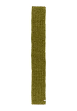 Grüner gestrickter Schal in langer rechteckiger Form, mit einem strukturierten Stoff und einem dezenten Muster. Kleines Etikett an einem Ende.