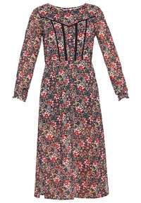 Robe à manches longues à fleurs roses et blanches, avec des détails en dentelle noire et une taille cintrée, sur fond blanc.