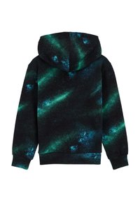 Felpa nera con motivo galattico caratterizzato da tonalità di verde e blu. Il materiale sembra morbido; include un cappuccio con cordino e polsini elasticizzati.