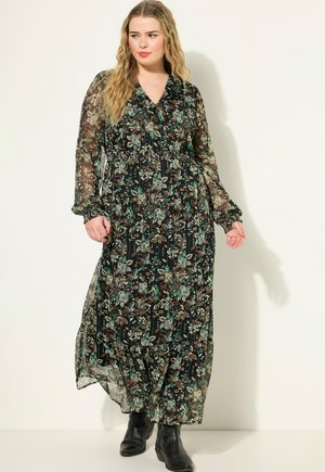 Lange zwarte chiffon jurk met bloemmotief in teal en bruin. Heeft een V-hals, lange mouwen en een geplooide taille.