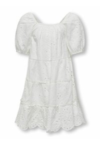 Bijela pamučna haljina s napuhanim rukavima, četvrtastim izrezom, slojevitom konstrukcijom, valovitim rubom i složenim uzorcima vezenja kroz cijelu haljinu.