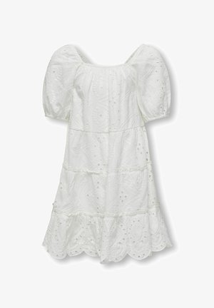 Valge puuvillane kleit puffvarrukatega, ruudukujuline dekoltee, kihiline disain, laineline äär ja keerukad tikandid kogu kleidis.