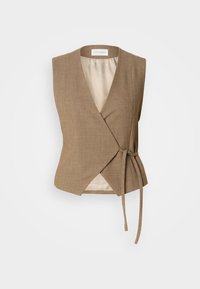 Καφέ αμάνικο γιλέκο με V-λαιμόκοψη, κλείσιμο με δεσίματα στο πλάι και λεία εσωτερική επένδυση, απεικονίζεται σε λευκό φόντο.