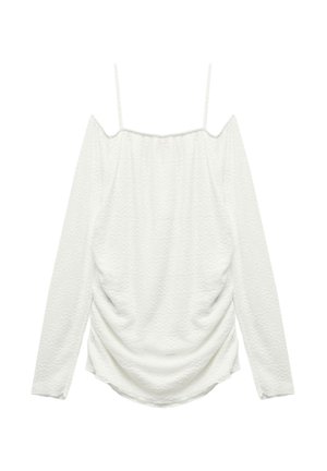 White, off-shoulder blouse with long sleeves, featuring a textured fabric and gathered detailing at the sides. Subtle sheen, lightweight material.
