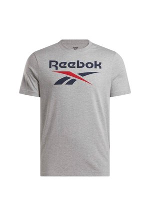 T-shirt gris en coton avec un grand logo Reebok en bleu marine et rouge. Manches courtes, col rond, avec une texture lisse et unie.