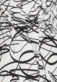 Black-and-white fabric with abstract, overlapping lines and swirls, featuring a smooth texture and a loose-fitting design.