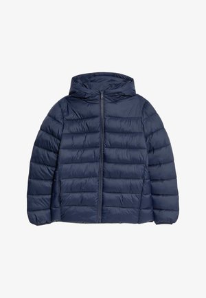 Marineblå pufferjakke med hætte, med lynlås foran, quiltet design og elastiske manchetter. Fremstillet af et glat, skinnende materiale.