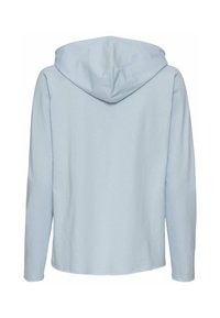 Lichtblauwe hoodie met lange mouwen, een zachte textuur, ronde halslijn en een verborgen capuchon. Eenvoudig ontwerp, zonder zichtbare versieringen of patronen.