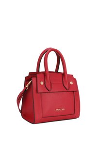 Borsa a mano rossa realizzata in materiale testurizzato con hardware dorato, doppie maniglie superiori e una tracolla removibile. Presenta dettagli neri.