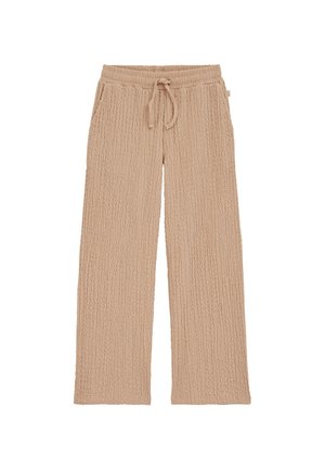 Beżowe, szerokie spodnie o fakturze, z elastycznym pasem i sznurkiem do wiązania, boczne kieszenie, położone płasko na białym tle.