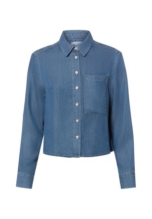 Chemise en denim bleu à manches longues avec fermeture boutonnée sur le devant, col pointu, une poche poitrine et ourlet droit.