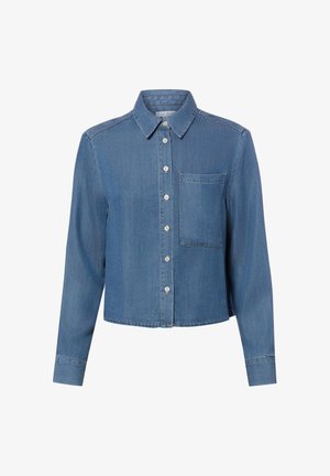 Blue denim long-sleeve shirt with button-down front, pointed collar, single chest pocket, and straight hem.