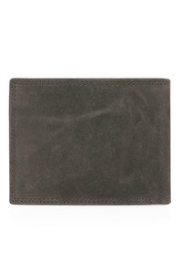 Cartera de cuero gris oscuro con textura suave, forma rectangular y costuras visibles alrededor de los bordes. Sin patrones adicionales ni herrajes.