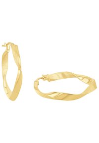 Gouden hoepeloorbellen met een gedraaide ontwerp; gladde en gestructureerde oppervlakken; veilige sluiting; lichtgewicht en minimalistische vorm.