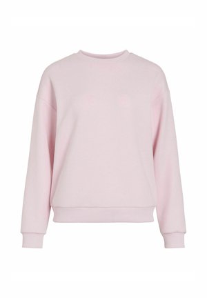 Sweatshirt rose clair avec un col rond, des épaules tombantes et des poignets côtelés. Texture douce et coupe décontractée, idéale pour un usage quotidien.