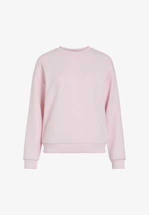 Světle růžová mikina s kulatým výstřihem, spadlými rameny a žebrovanými manžetami. Měkká textura a uvolněný střih, ideální pro příležitostné nošení.