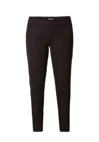 Zwarte leggings van rekbaar materiaal, met een strakke pasvorm, een gladde textuur en een elastische tailleband. Geen zichtbare patronen.