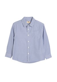 Camisa de manga larga a rayas azul y blanca con cuello abotonado, un bolsillo en el pecho y dobladillo redondeado. Fabricada en tela ligera.