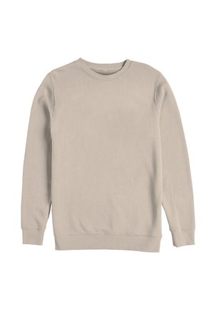 Beige langärmeliges Sweatshirt mit Rundhalsausschnitt, Rippbündchen an Ärmeln und Saum, aus weichem Stoff, flach auf weißem Hintergrund ausgelegt.