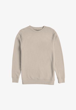 Sudadera beige de manga larga con cuello redondo, puños y bajo acanalados, hecha de tela suave, colocada plana sobre un fondo blanco.