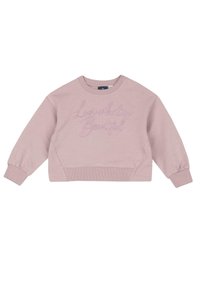 Růžový zkrácený svetr s kulatým výstřihem a žebrovanými manžetami, s vyšitým nápisem "Miluj to, co je krásné" v purpurové barvě. Měkká textilie.