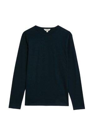 Camisa de manga larga en un color azul marino profundo, hecha de algodón suave, con un escote redondo y un diseño simple y sin adornos.