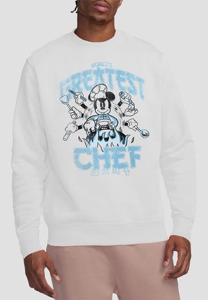 White sweatshirt featuring a graphic of a cartoon chef with multiple kitchen tools and text reading "WORLD'S GREATEST CHEF" in blue.