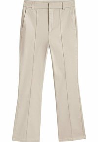 Pantalons évasés beiges pour femmes en tissu doux, dotés de deux poches latérales et de plis à l'avant. Comprend une taille avec passants de ceinture.