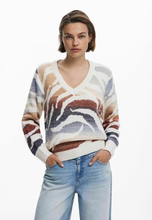 V-Ausschnitt Strickpullover mit mehrfarbigen abstrakten Mustern in Beige, Braun, Blau und Grau; gerippte Bündchen und Saum; lockere Passform.