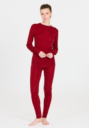 Red long-sleeve top and matching leggings made of soft, stretchy fabric. The top features a crew neck; both have fitted silhouettes.