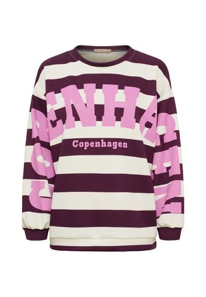 Sweatshirt med brede lilla og hvide vandrette striber og store lyserøde bogstaver, der staver "Copenhagen" hen over foran og ærmerne.