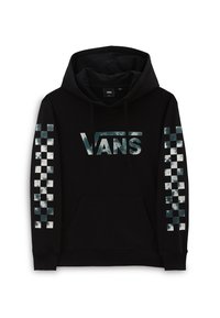 Sudadera negra con un gran logo de "VANS" en gris en el pecho y patrones de tablero de ajedrez en tonos de verde azulado en las mangas.