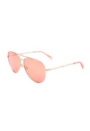 Occhiali da sole aviator con sottili montature in metallo dorato e lenti sfumate rosa e terminali delle aste.