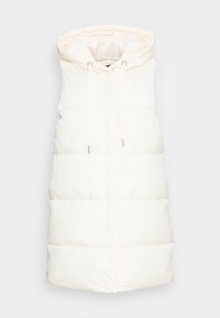 Weißes, gepolstertes, ärmelloses Vest mit Kapuze, ausgestattet mit Zugbändern und gesteppte Abschnitten. Glatte Textur, schlichtes Design ohne zusätzliche Akzente.