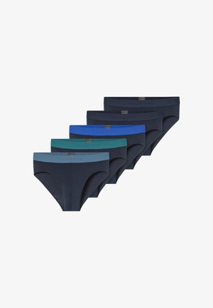 Cinque paia di slip da uomo in diverse sfumature di navy, teal e blu, con una morbida fascia elastica con dettaglio logo e tessuto liscio.