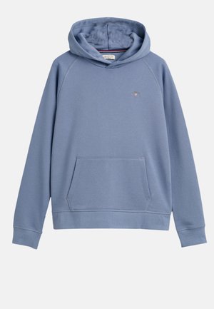 Sweat à capuche bleu en coton doux, avec une poche kangourou, des poignets côtelés et un petit logo sur la poitrine gauche. La capuche est doublée à l'intérieur.