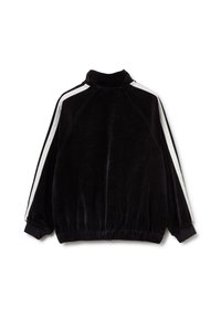 Giacca pullover nera in velluto con colletto alto, strisce laterali bianche, polsini e vita elastici; texture liscia e vestibilità rilassata.