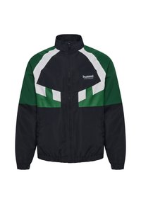 Black zip-up sports jacket with green and white geometric panels, elastic cuffs, high collar, and "hummel SPORTSWEAR" logo on the chest.