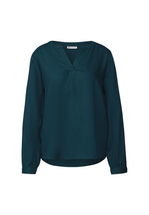 Tealte lange mouw blouse met een V-hals, geplooide manchetten en een iets losse pasvorm. Gemaakt van gladde, lichte stof.