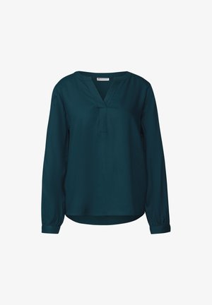 Tealte lange mouw blouse met een V-hals, geplooide manchetten en een iets losse pasvorm. Gemaakt van gladde, lichte stof.
