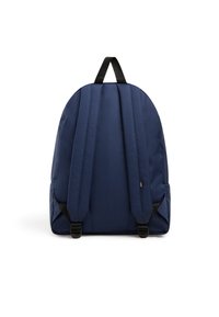 Zaino blu navy con spallacci imbottiti, un manico superiore e due tasche laterali. Tessuto strutturato con una finitura liscia.