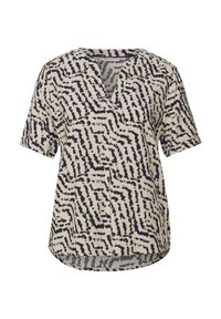 Blusa a maniche corte in crema con un motivo astratto blu avio, design a V e una vestibilità rilassata. Tessuto liscio con una superficie leggermente strutturata.