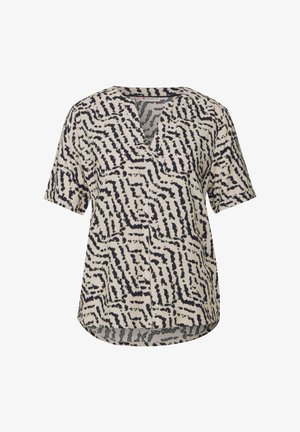 Kurzärmlige Bluse in Creme mit einem marineblauen abstrakten Muster, V-Ausschnitt und entspannter Passform. Glattes Gewebe mit einer leicht strukturierten Oberfläche.