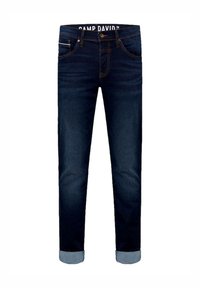 Jeans de mezclilla de color azul oscuro con corte recto, dobladillos con vuelta y costuras en contraste. Presenta una cinturilla con logo y un diseño clásico de cinco bolsillos.