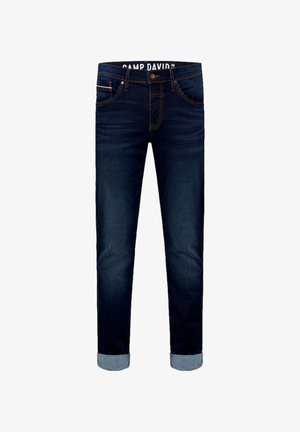 Dunkelblaue Denim-Jeans mit geradem Schnitt, umgeschlagenen Säumen und kontrastierender Naht. Sie verfügen über einen markierten Taillenbund und ein klassisches Fünf-Taschen-Design.