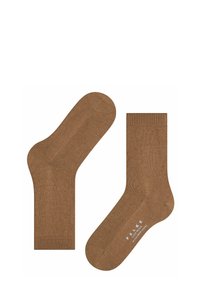 Brązowe bawełniane skarpetki z prążkowanym ściągaczem, gładką fakturą i bezszwowym wykończeniem palców. Wyraźne logo nadrukowane na podeszwie.