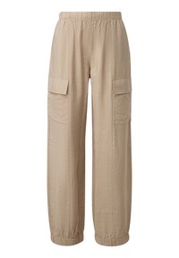 Beige cargobroek met een elastische taille, twee zijzakken, gestructureerde stof en taps toelopende boorden bij de enkels.