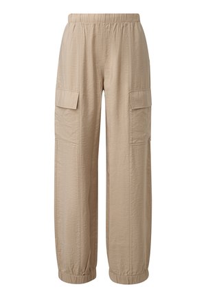 Beige cargobroek met een elastische taille, twee zijzakken, gestructureerde stof en taps toelopende boorden bij de enkels.