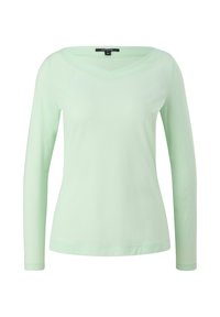 Maglietta verde menta a maniche lunghe con scollatura a V, realizzata in tessuto morbido. Presenta cuciture minime e un colore uniforme, adatta per un look casual.